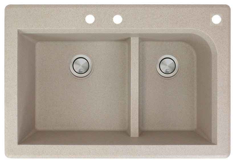 Radius 33" silQ Granite Double Bowl Kitchen Sink with 3 Holes in Cafe Latte