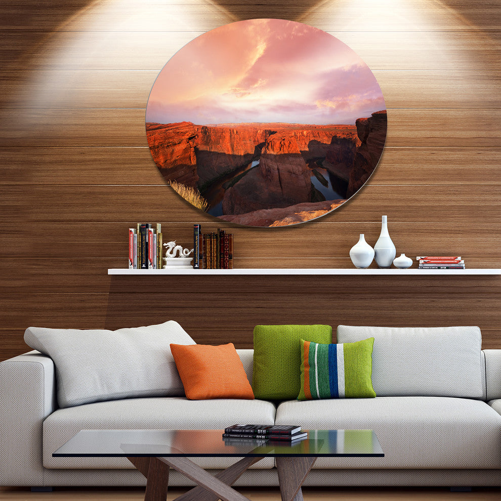 Horse Shoe Bend Under Cloudy Sky, Landscape Disc Metal Artwork, 11"