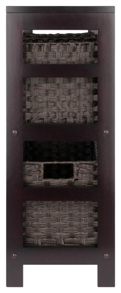 Leo 4-PieceStorage Shelf With 3 Foldable Woven Baskets, Espresso and Chocolate