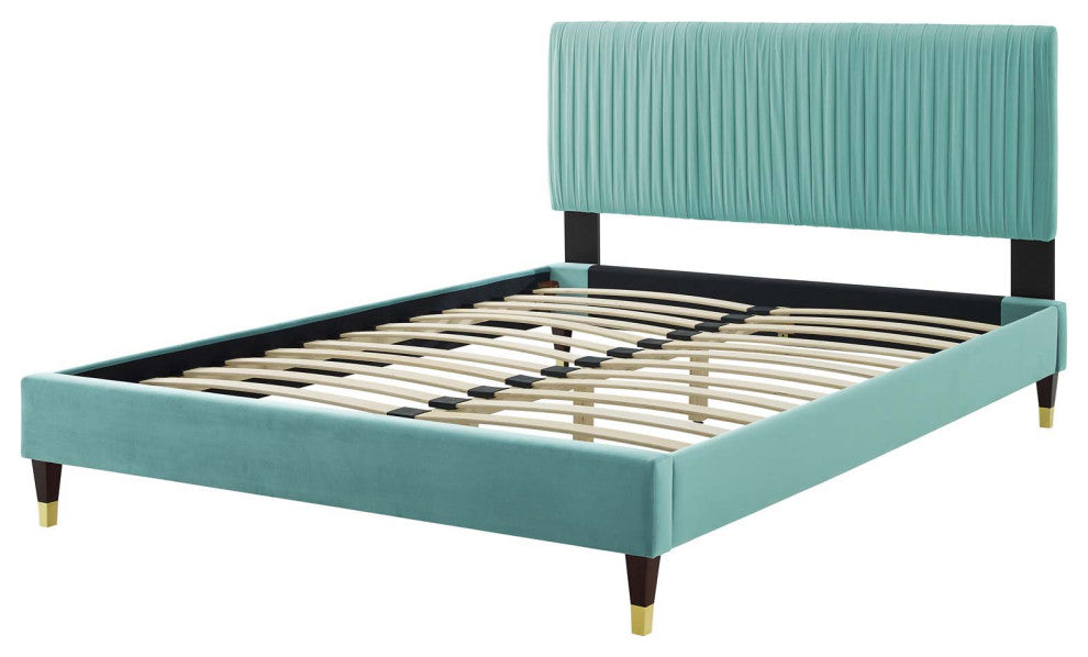 Platform Bed Frame, Twin Size, Velvet, Blue, Modern Contemporary, Bedroom Master