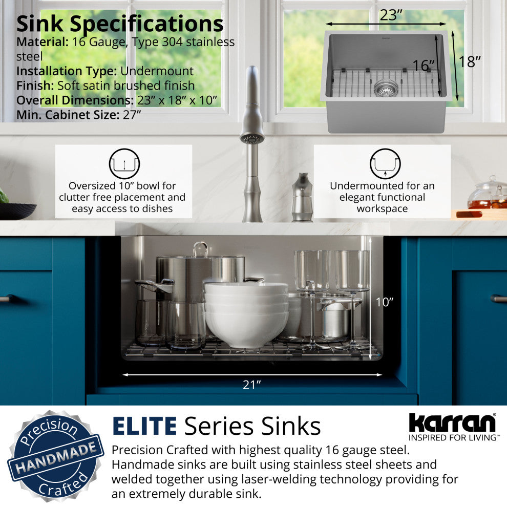 Karran 23" Undermount Single Bowl Stainless Steel Kitchen Sink Kit