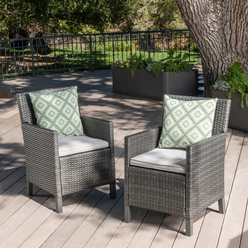 GDF Studio Cyrus Outdoor Wicker Dining Chairs, Set of 2, Gray/Light Gray