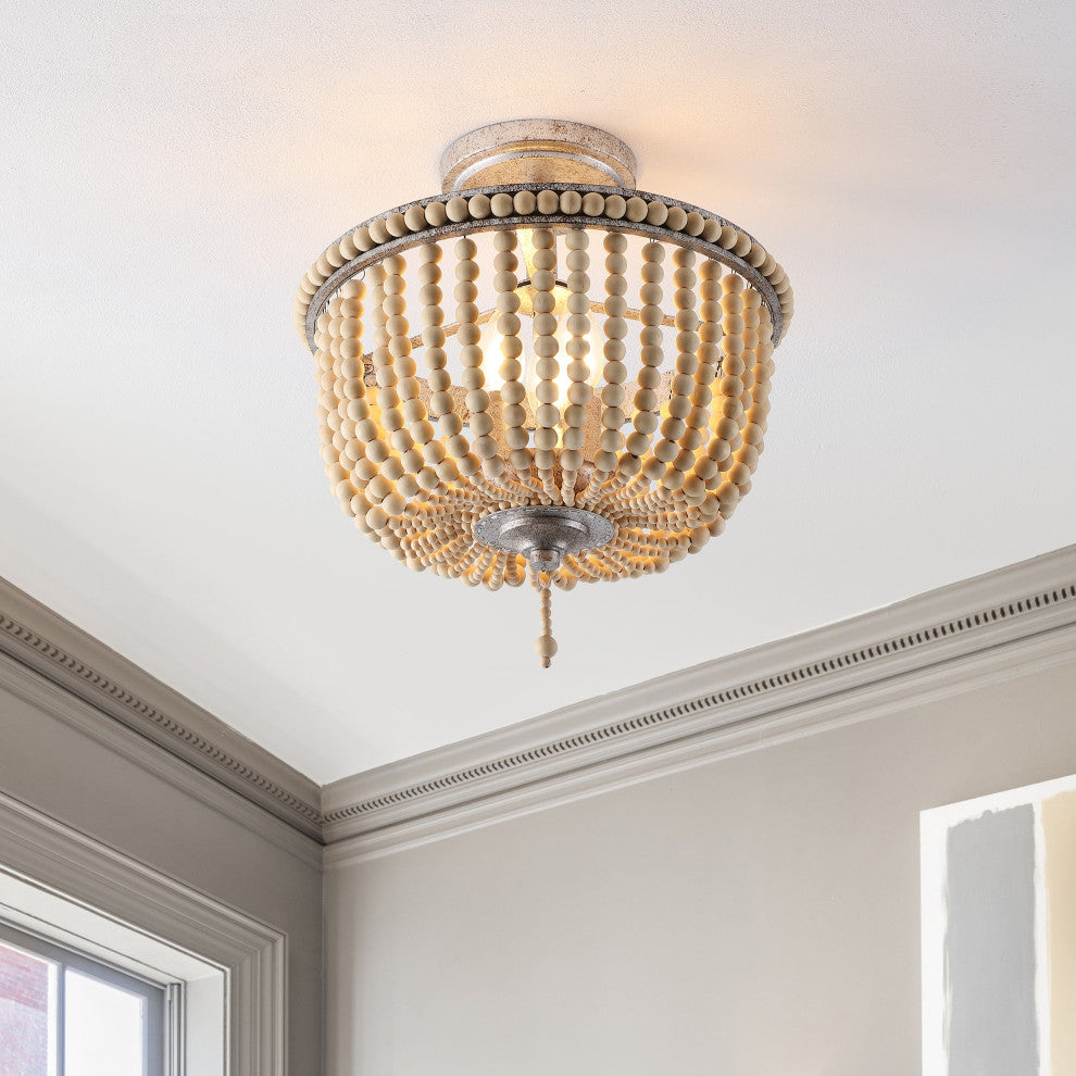 Allie 14" 3-Light Farmhouse Wood Bead/Iron LED Semi Flush Mount, Silver/Taupe