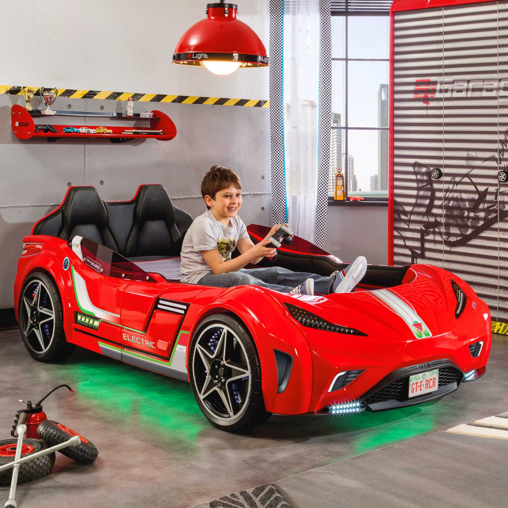GTS EV Twin-Size Race Car Bed, Remote Control, LED Lights, EV Sound FX, Red