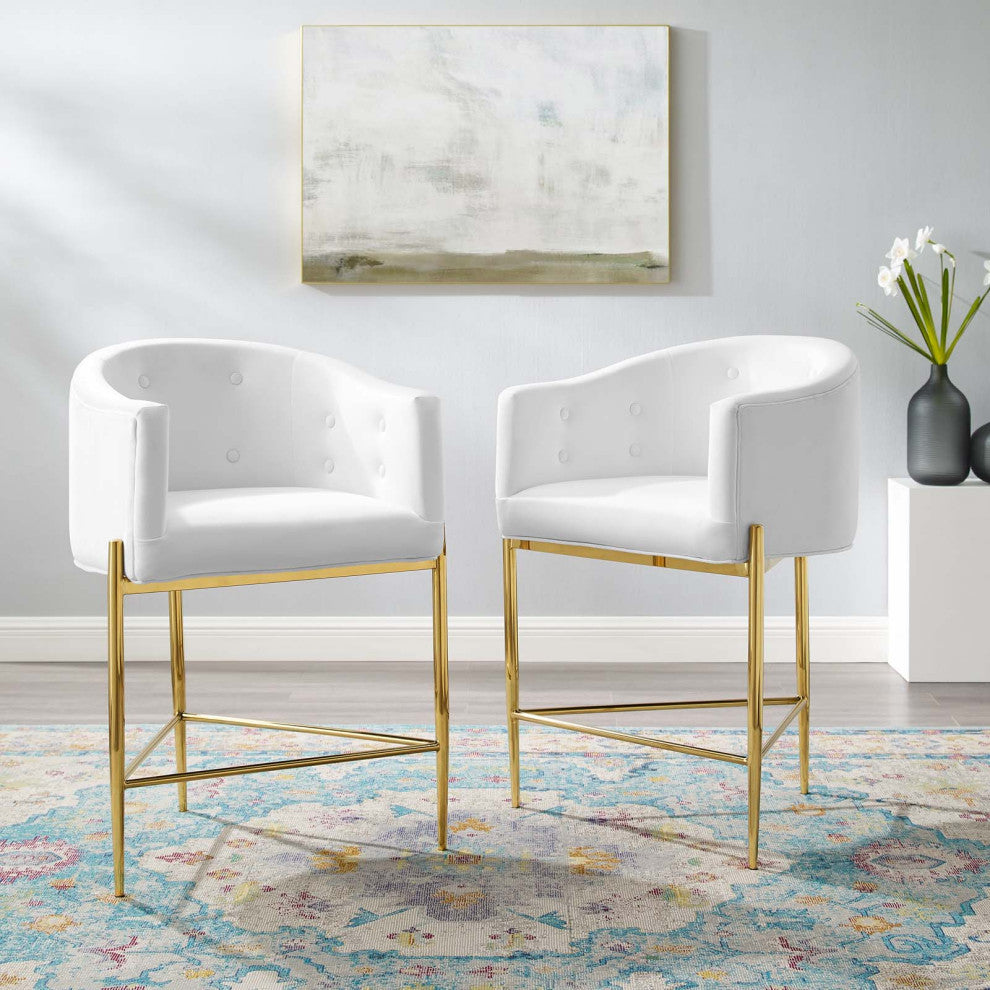 Tufted Counter Stool Chair, Set of 2, Velvet, Metal, White, Modern, Bar Pub