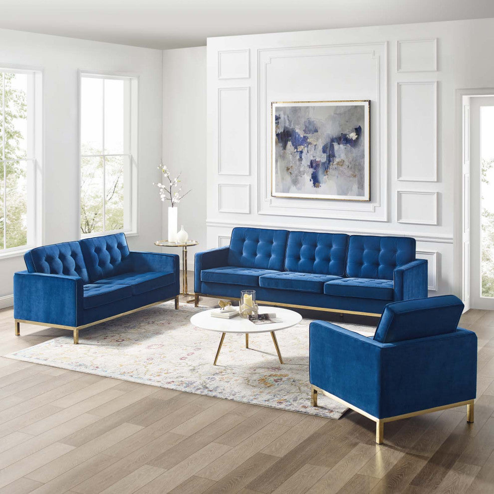 Armchair and Loveseat Sofa Set, Velvet, Gold Blue Navy, Modern, Lounge