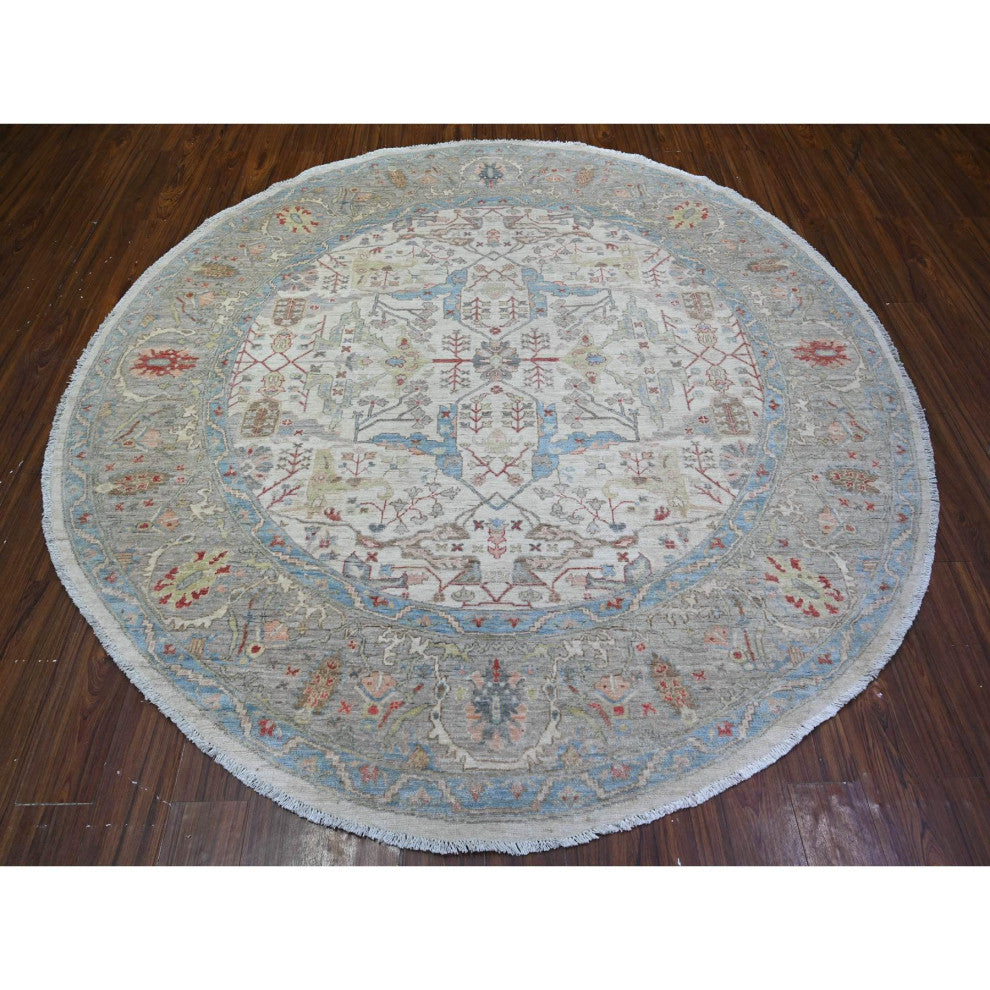 White Ziegler Mahal Hand Knotted Pure Wool Round Oriental Rug, 7'11"x8'