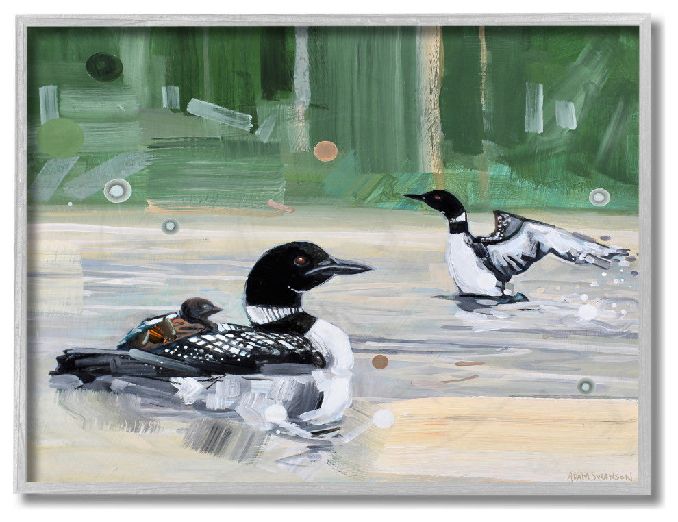Abstract Pond Ducks Green Yellow Animal Painting, 16"x20", Gray Frame