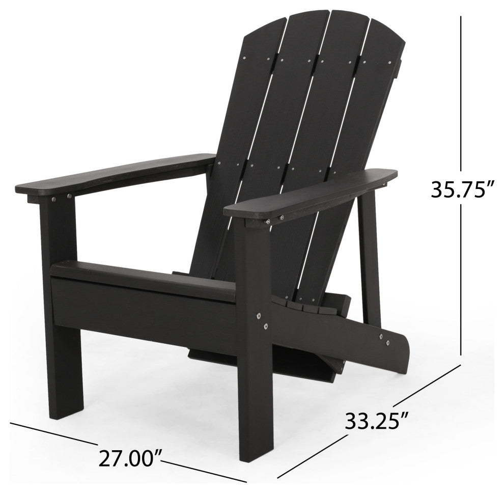 Ulises Outdoor Faux Wood Adirondack Chair With Retractable Ottoman, Black