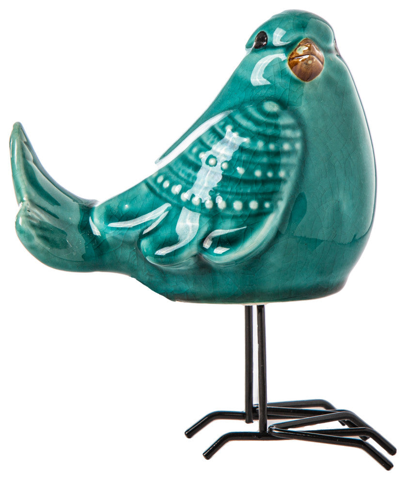 Ceramic Standing Bird Figurine with Metal Legs Design Gloss Blue Finish