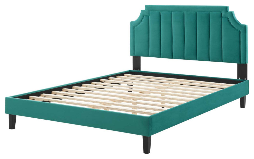 Platform Bed Frame, King Size, Velvet, Teal Blue, Modern Contemporary, Bedroom