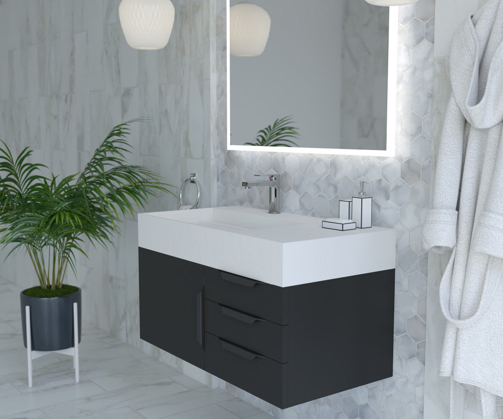 CastelloUSA Amazon 36" Wall Mount Vanity Set, Black, White Top, Black Handles