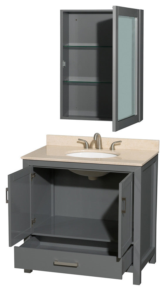 Sheffield 36" Dark Gray Single Vanity, Ivory Marble Top, Um Rd Sink, Med Cab