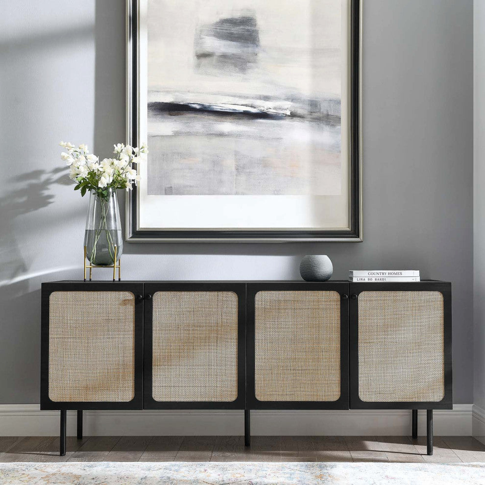 Cane Sideboard, Wood Rattan Buffet Table, BoHo Shabby Chic Credenza, Black
