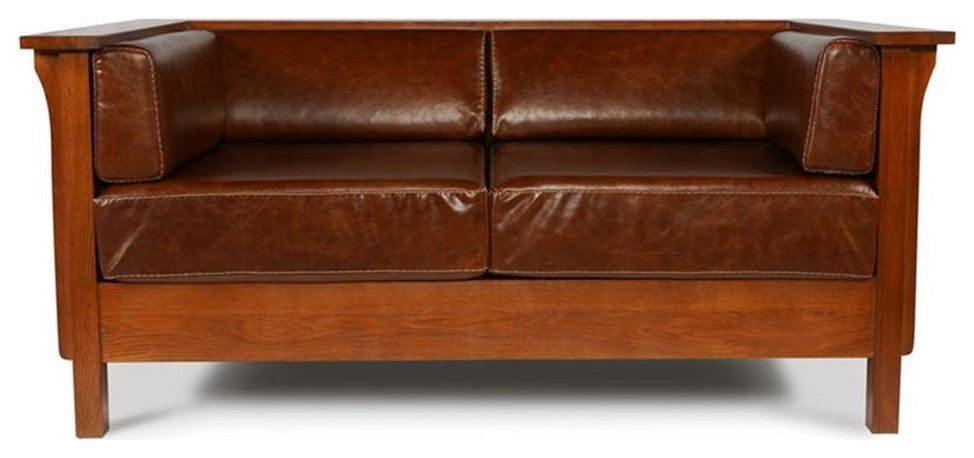 Arts and Crafts / Craftsman Cubic Panel Side Love Seat - Chestnut Brown Leather