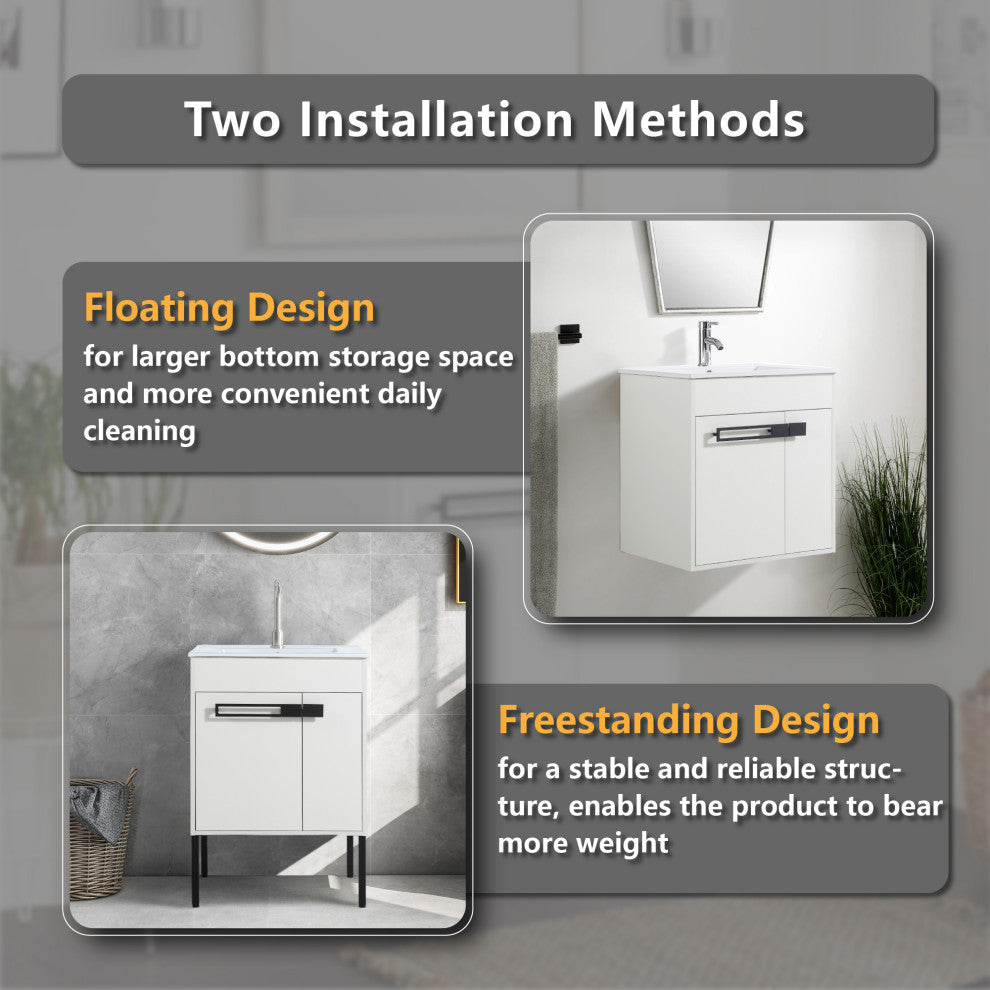 Freestanding/Floating Bathroom Vanity With white Ceramics Top, White, 24"