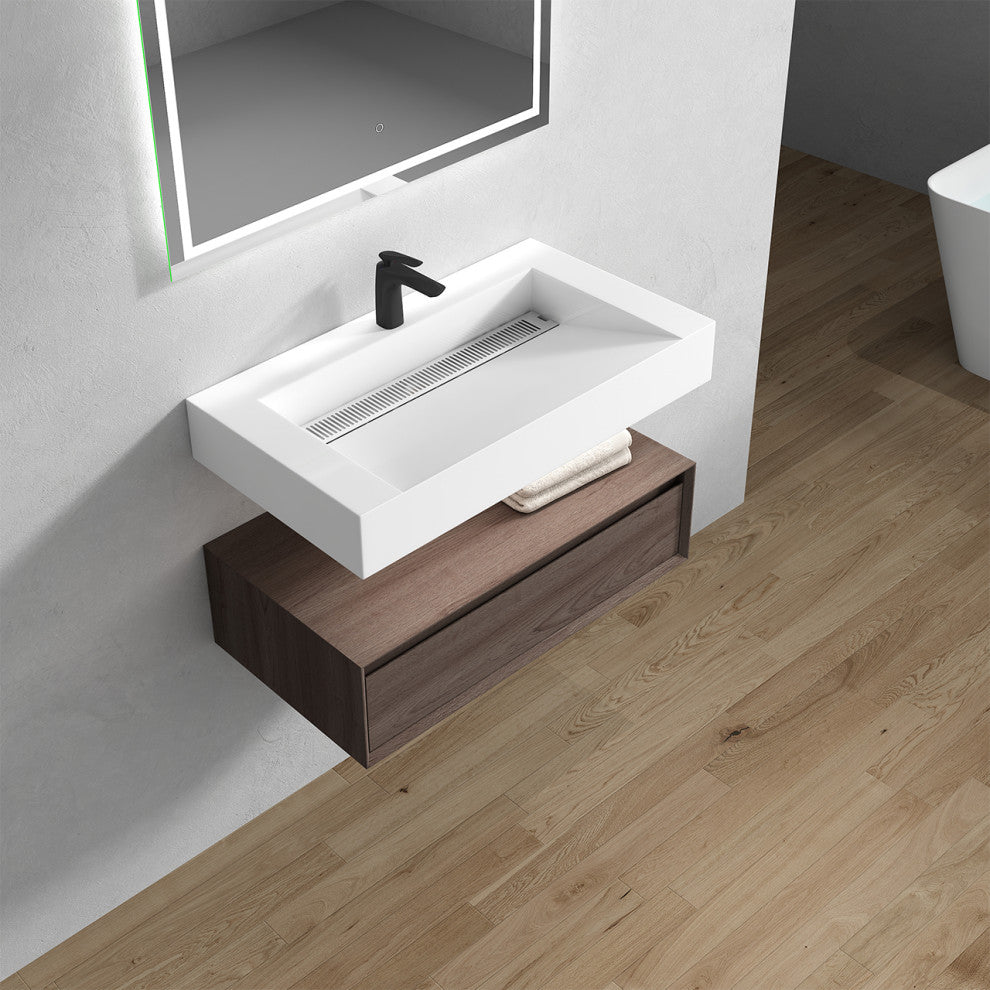 Alysa 36" Floating Bath Vanity, Acrylic Sink/Single Faucet Hole, Red Oak