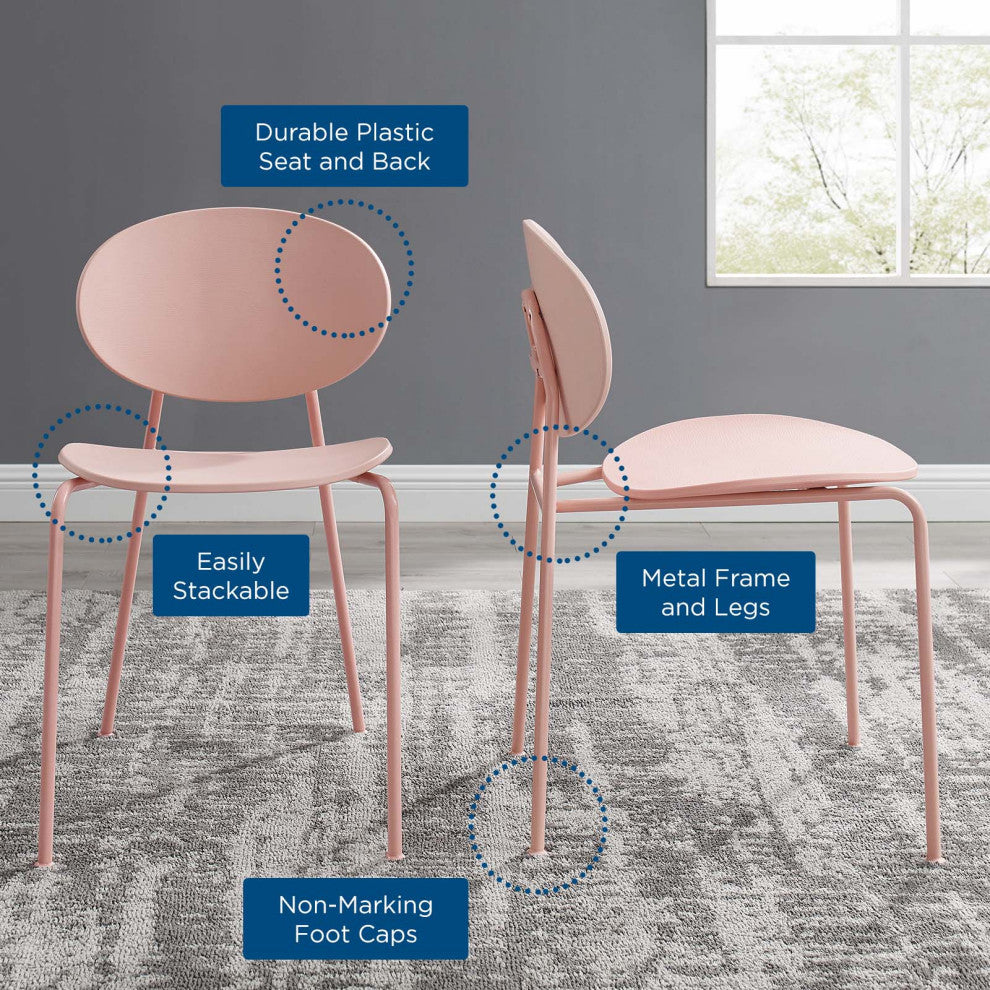 Side Dining Chair, Set of 2, Plastic, Metal, Pink, Modern, Bistro Restaurant