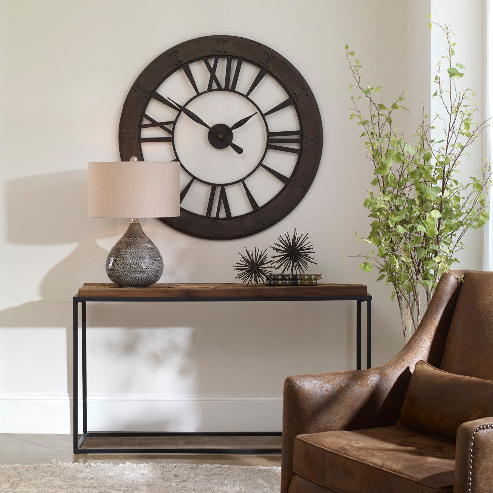 Uttermost Ronan Wood and Metal Wall Clock in Dark Rustic Bronze/Gray