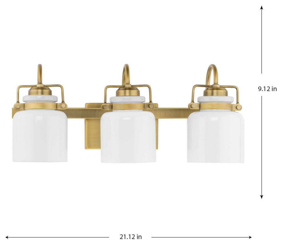 Fessler Collection Three-Light Vintage Brass Opal Glass Farmhouse Bath Light