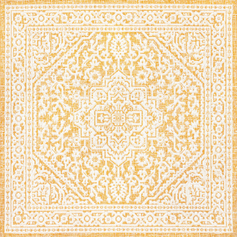 Sinjuri Medallion Textured Weave Indoor/Outdoor, Yellow/Cream, 5' Square