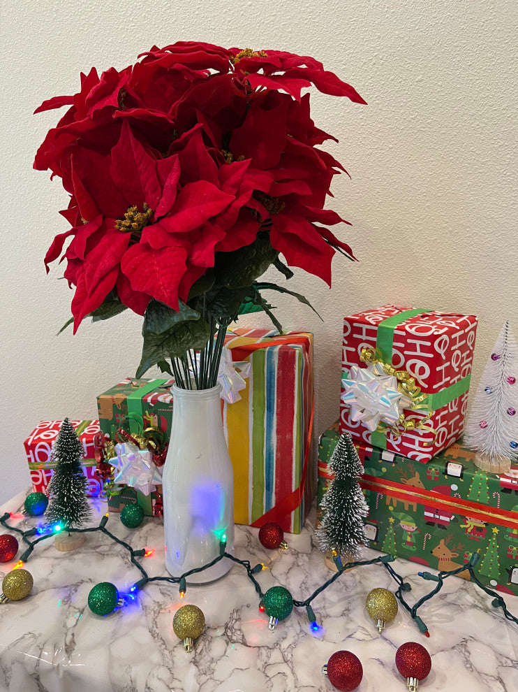 24 Stems Faux Velvet Poinsettia Christmas Bush, Red