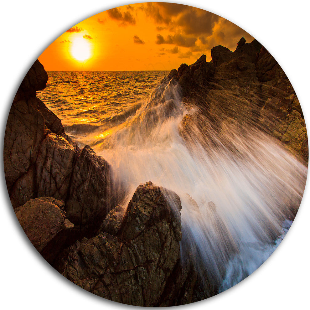 Sunset Sea Wave Impact Rocks At Sunset, Seascape Disc Metal Art, 36"