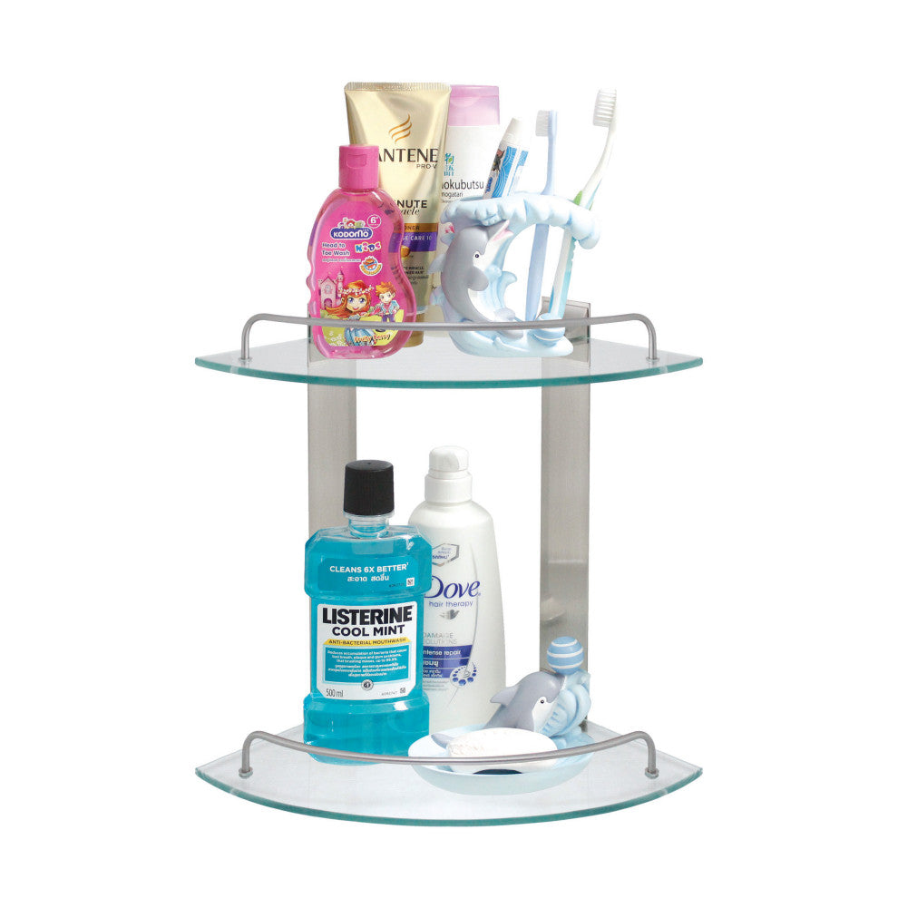 MODONA's 9.5" Double Glass Corner Shelf With Rail, Satin Nickel