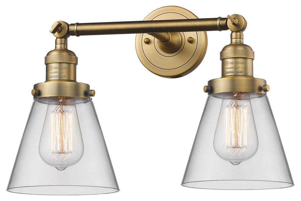 Small Cone 2-Light LED Bath Fixture, Brushed Brass, Glass: Clear