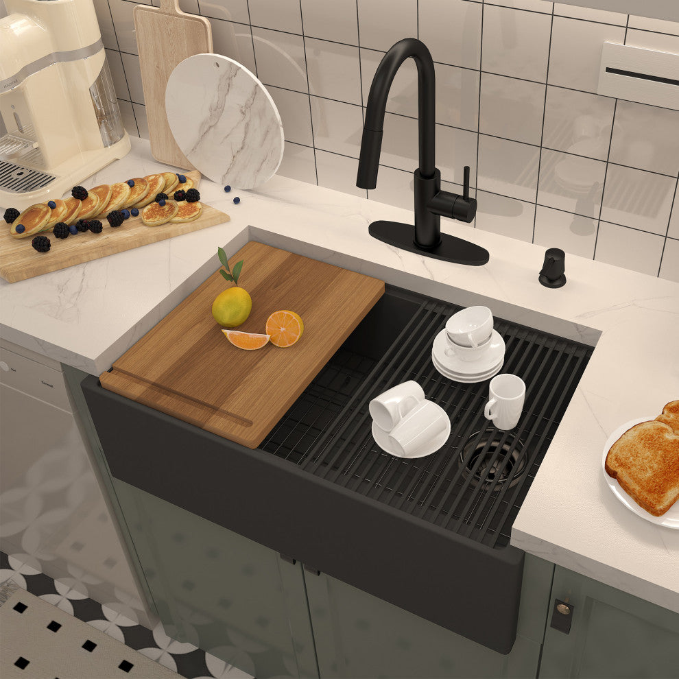 30in Single Bowl Farmhouse Apron Kitchen Sink, Black Earth