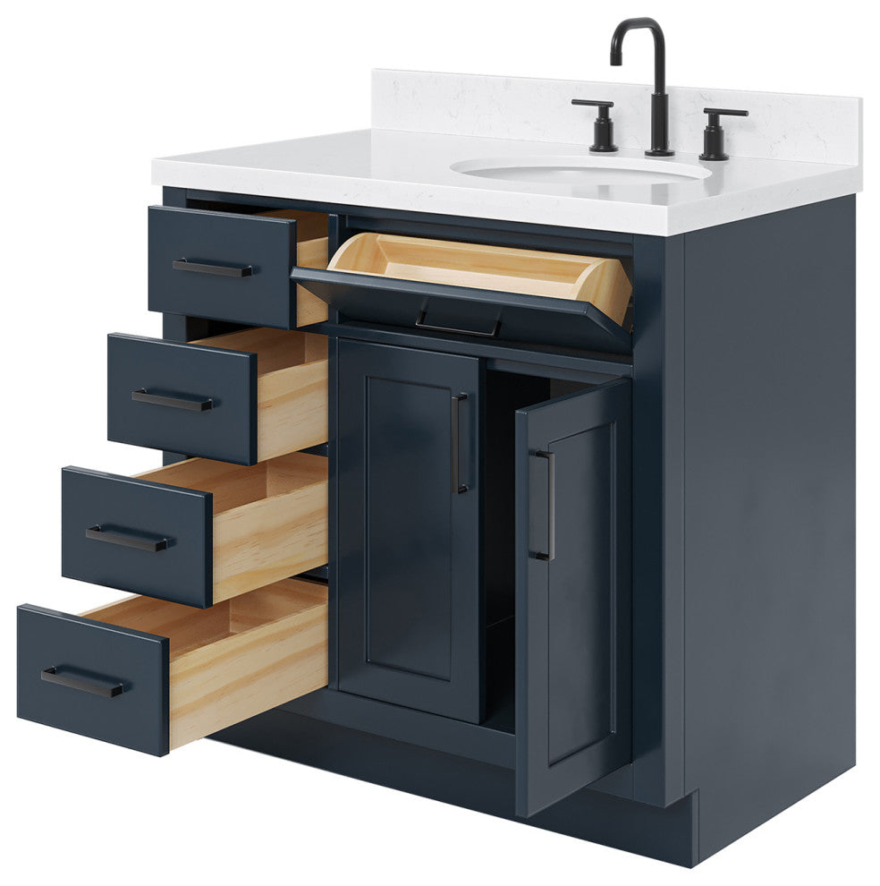 Ariel Hepburn 36" Right Offset Single Oval Sink Vanity, Carrara Quartz