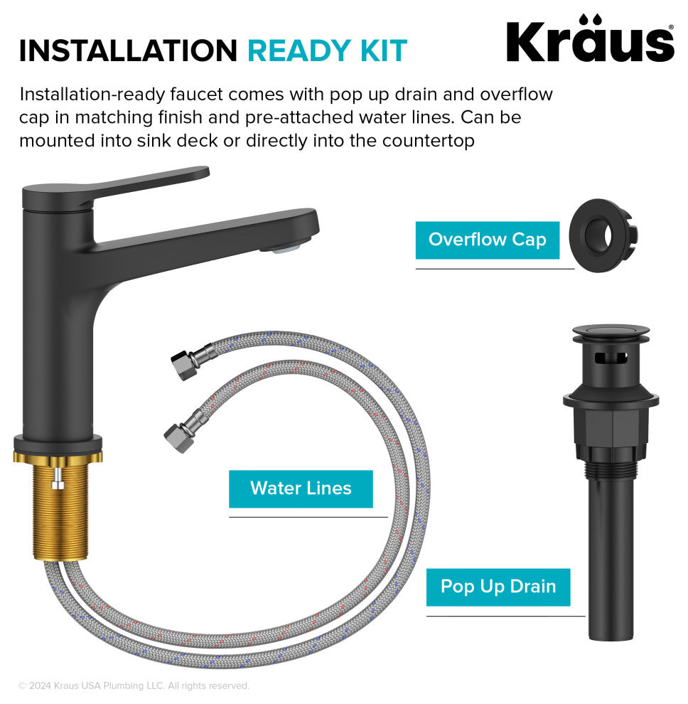 KRAUS Indy Single Handle Basin Bathroom Faucet Matte Black, Pop Up Drain