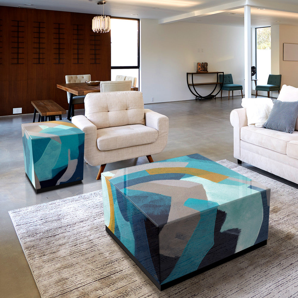 "Puzzle Blues" Reverse Printed Glass Side Table with Black Plinth Base Set of 2