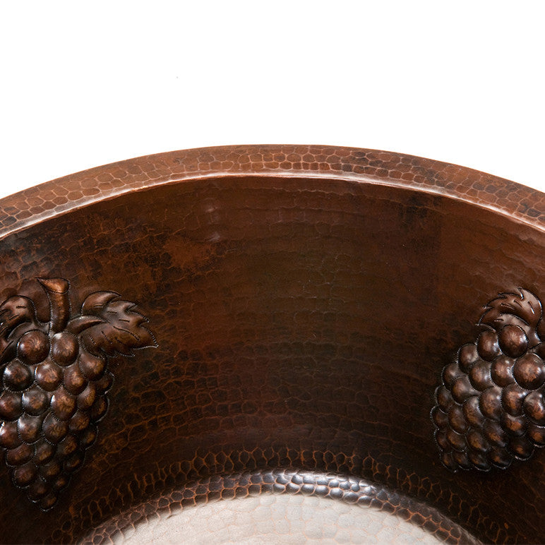 16" Round Copper Prep Sink With Grapes and 3.5" Drain Opening