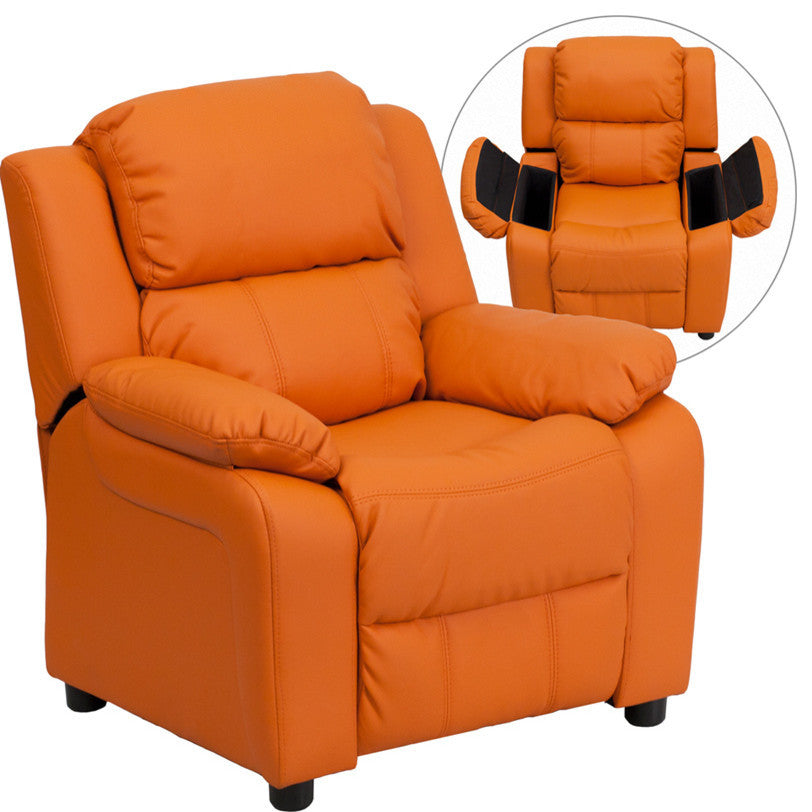 Deluxe Padded Kids Recliner With Storage Arms, Orange Vinyl