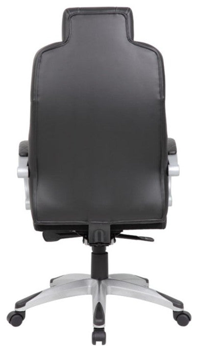 Contemporary Office Chair, Padded Faux Leather Seat With Headrest, Black/Silver