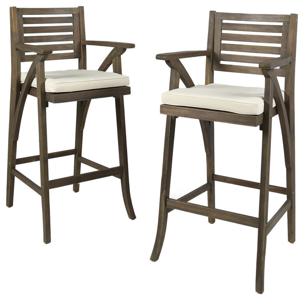 GDF Studio Joye Outdoor Acacia Wood Barstool, Gray With Cream Cushion, Set of 2