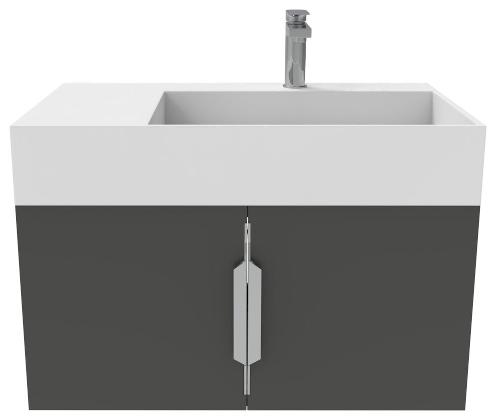 CastelloUSA Amazon 30" Right Wall Mounted Bathroom Vanity Set, Black, White Top, Brushed Nickel