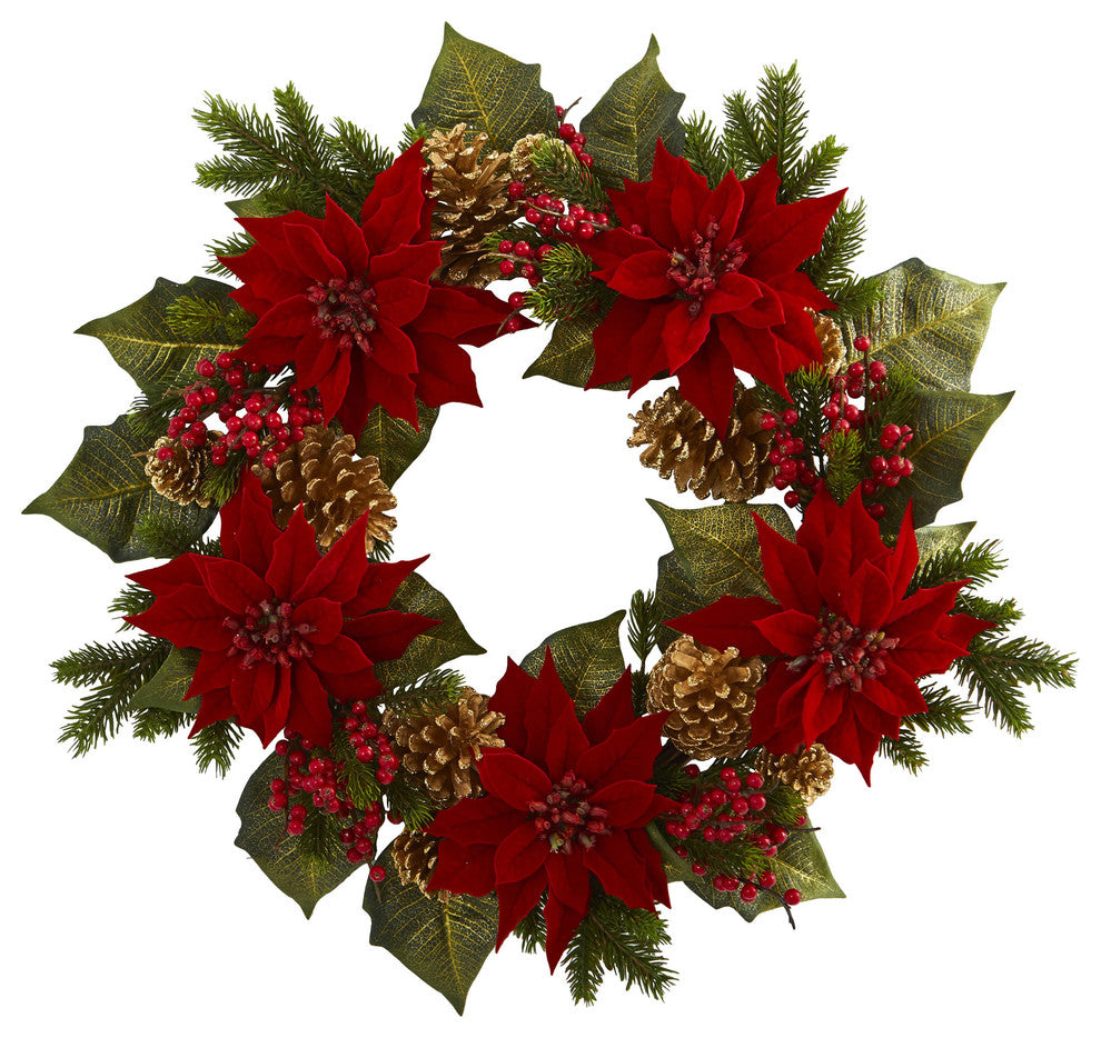 24" Poinsettia, Berry and Golden Pine Cone Artificial Wreath