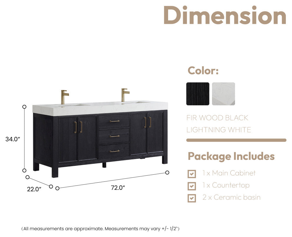 Leon Bath Vanity With Composite Stone Top, Fir Wood Black, 72", No Mirror