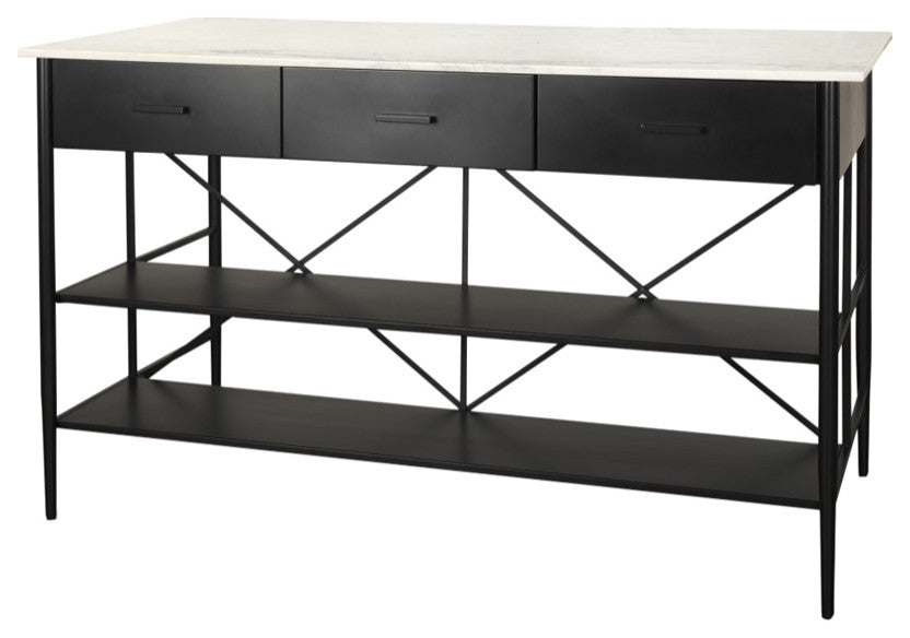 Amika White Marble Top Black Metal Base Kitchen Island