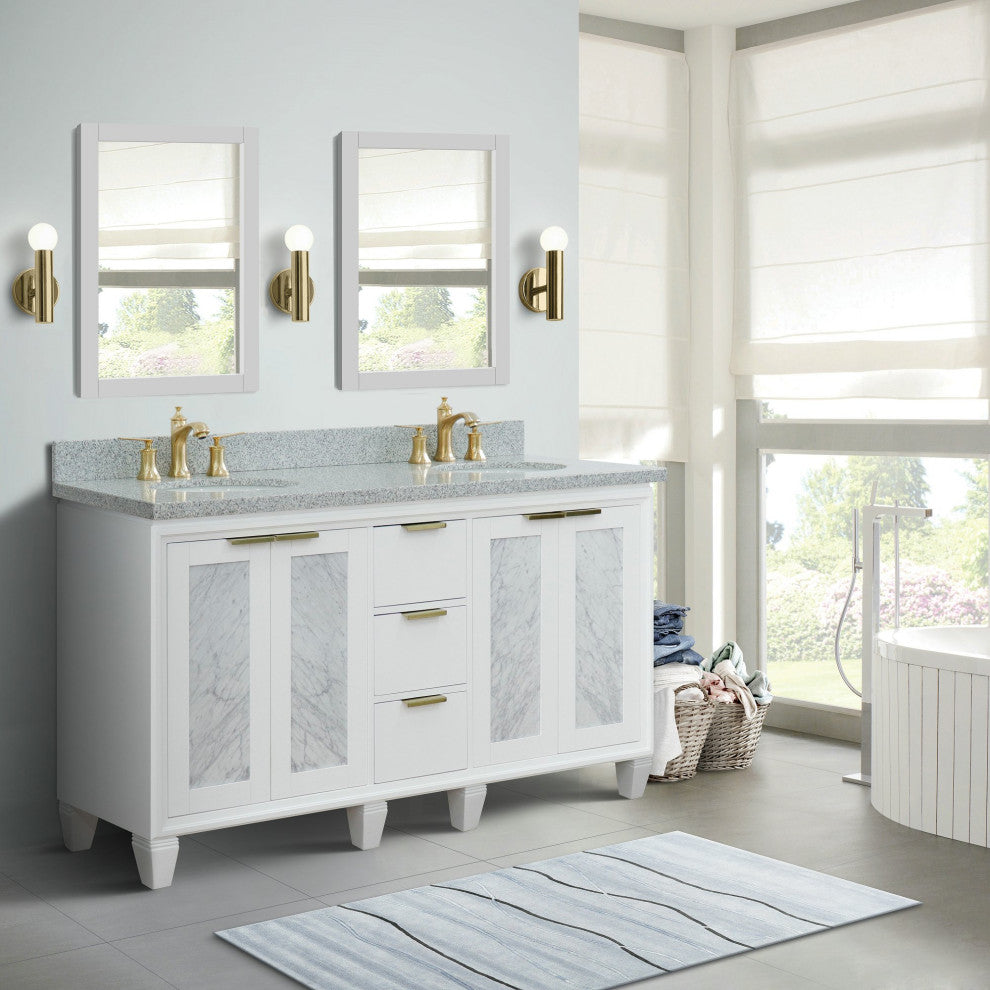 61" Double Sink Vanity, White Finish With Gray Granite And Oval Sink