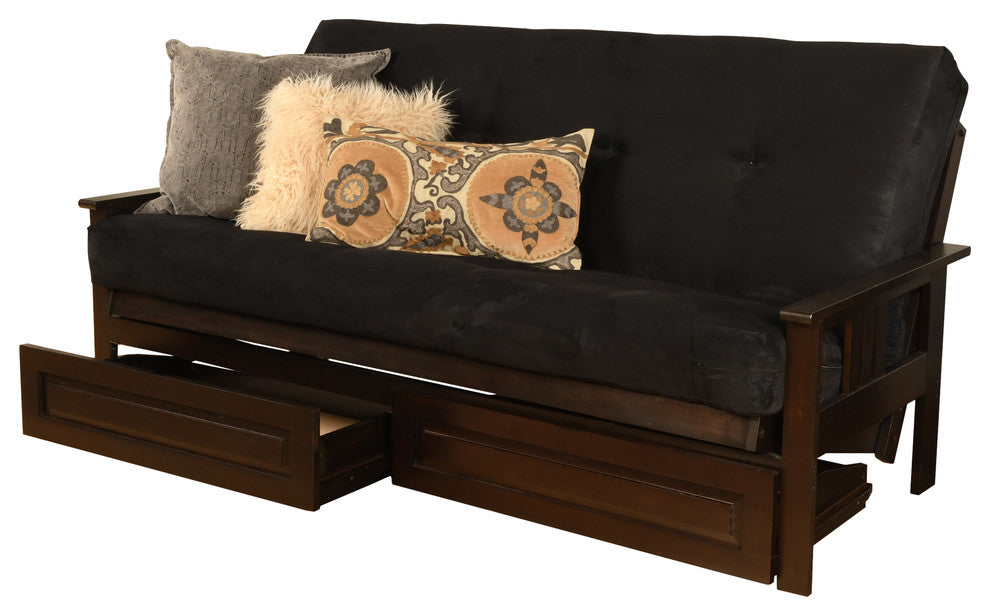 Caleb Frame Futon With Espresso Finish, Storage Drawers, Suede Black
