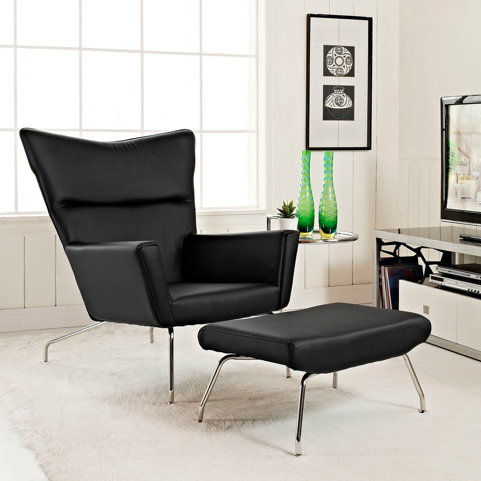 Modern Contemporary Living Room Leather Lounge Chair and Ottoman Black