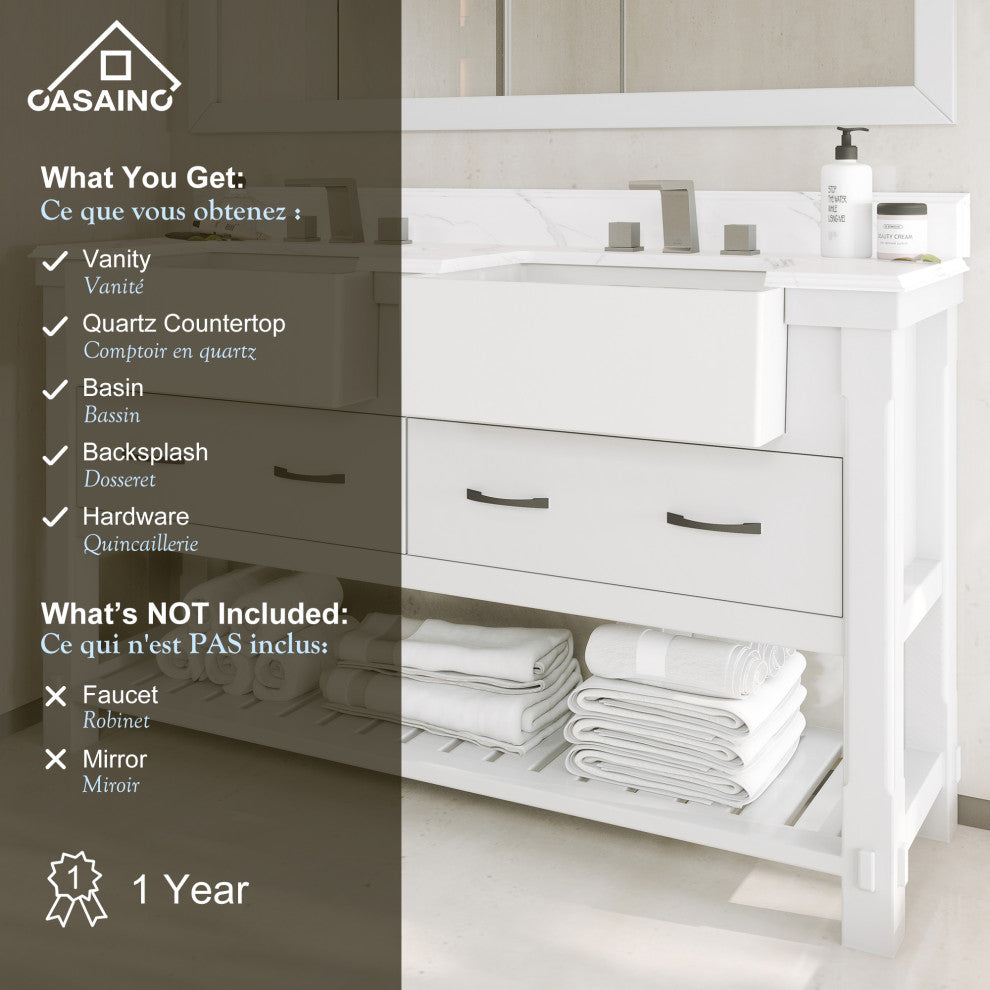 Freestanding Bath Vanity in White with White Quartz Top, 60in