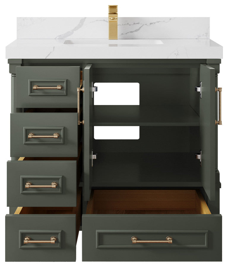 Aberdeen 36 Center Sink Bath Vanity in Pewter Green 2" Calacatta Laza