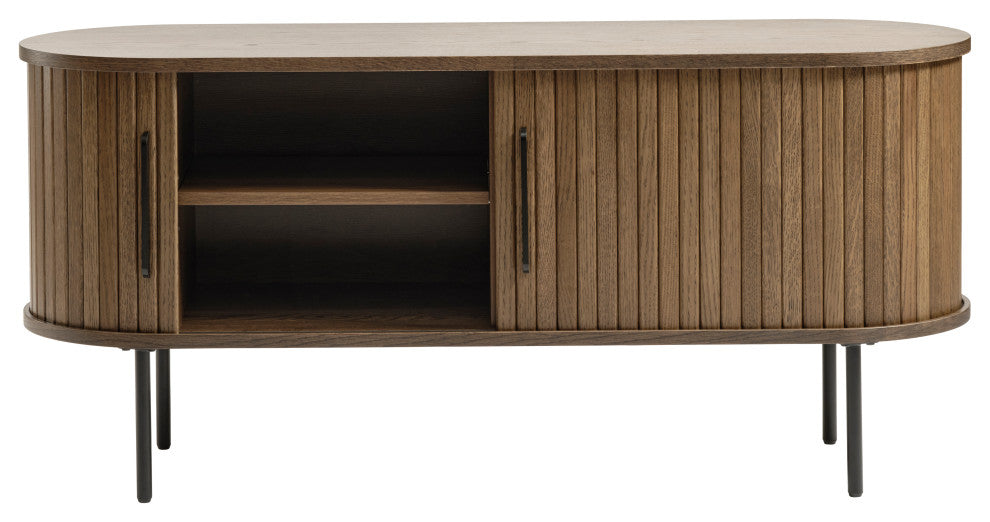 Mid-Century Modern Rounded Sliding Door TV Lowboard, Smoked Oak, 47"