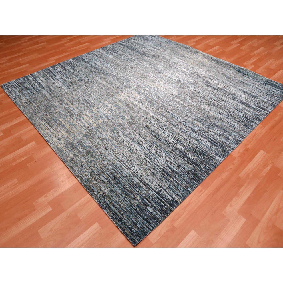 Blue Oceanic Wool and Pure Silk Hand Knotted Oriental Square Rug, 8'0"x8'2"