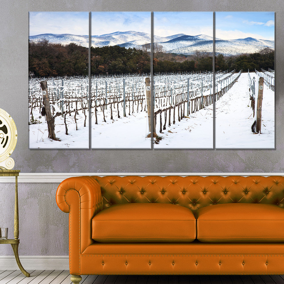 Snow Covered Vineyard Rows Italy, Landscape Canvas Art, 48"x28", 4 Panels