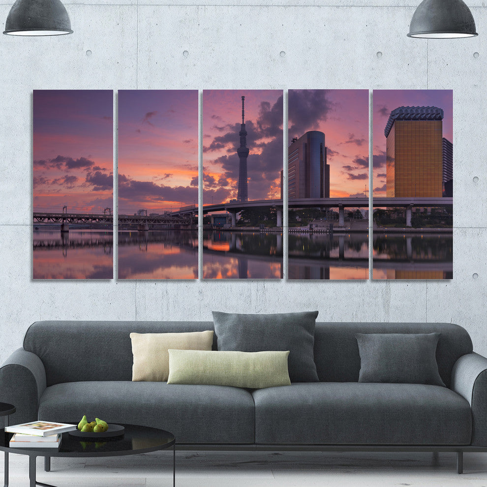 Tokyo Sky Tree and Sumida River, Landscape Canvas Art Print, 60"x28", 5 Panels